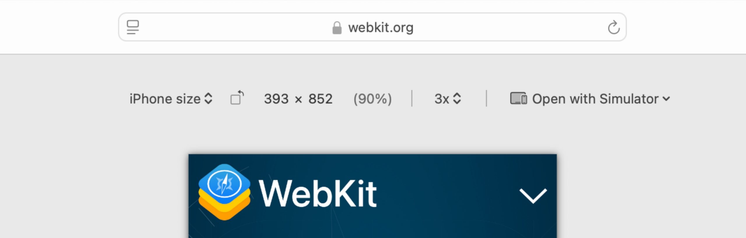 Screenshot of the top section of webkit.org viewed in Responsive Design Mode
