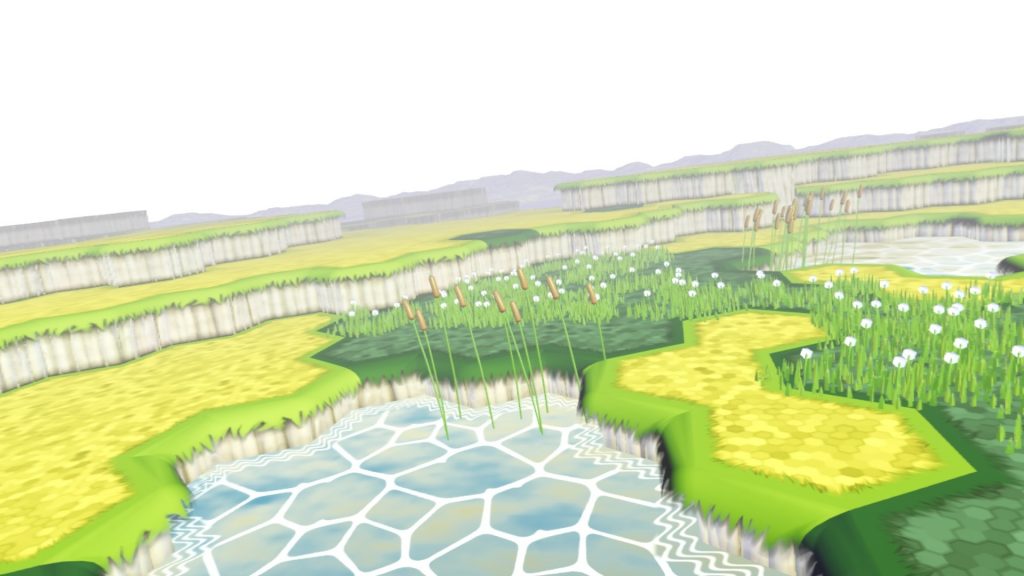 A cartoon 3D world, mountains in the background. Lakes and swaps in the foreground.