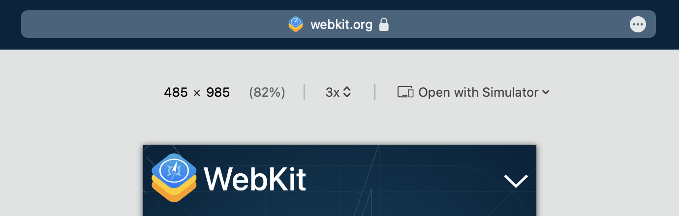 Close up cropped image of Responsive Design Mode showing with display size controls showing 485 × 985 (82%), 3x, Open with Simulator button