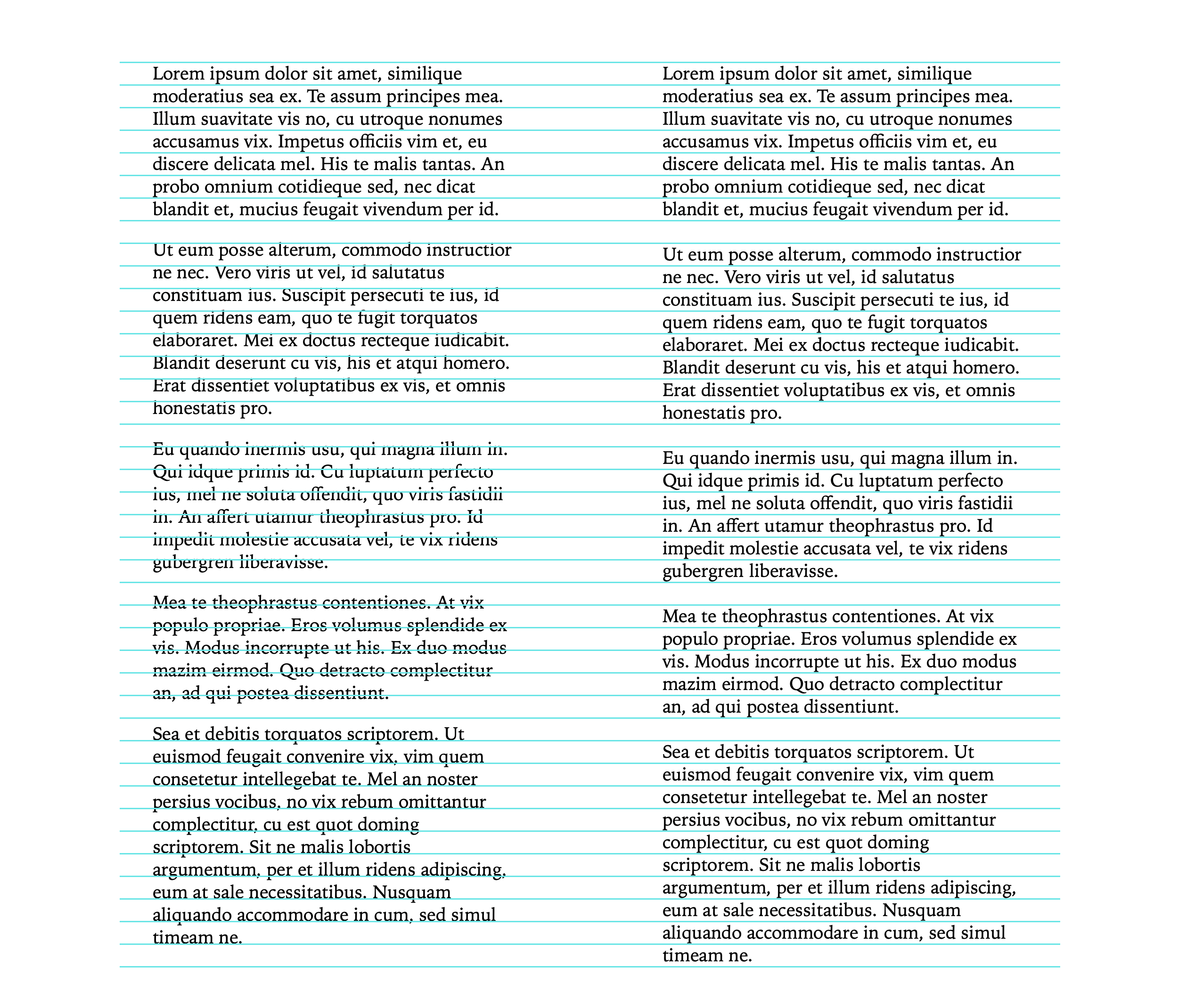 The same side-by-side comparison of two typeset articles — only now there's a light blue line underneath each line of text, spaced exactly line height apart. On the left, the lines of text get messy. They aren't lining up correctly. On the right, every line of text falls on the line grid.