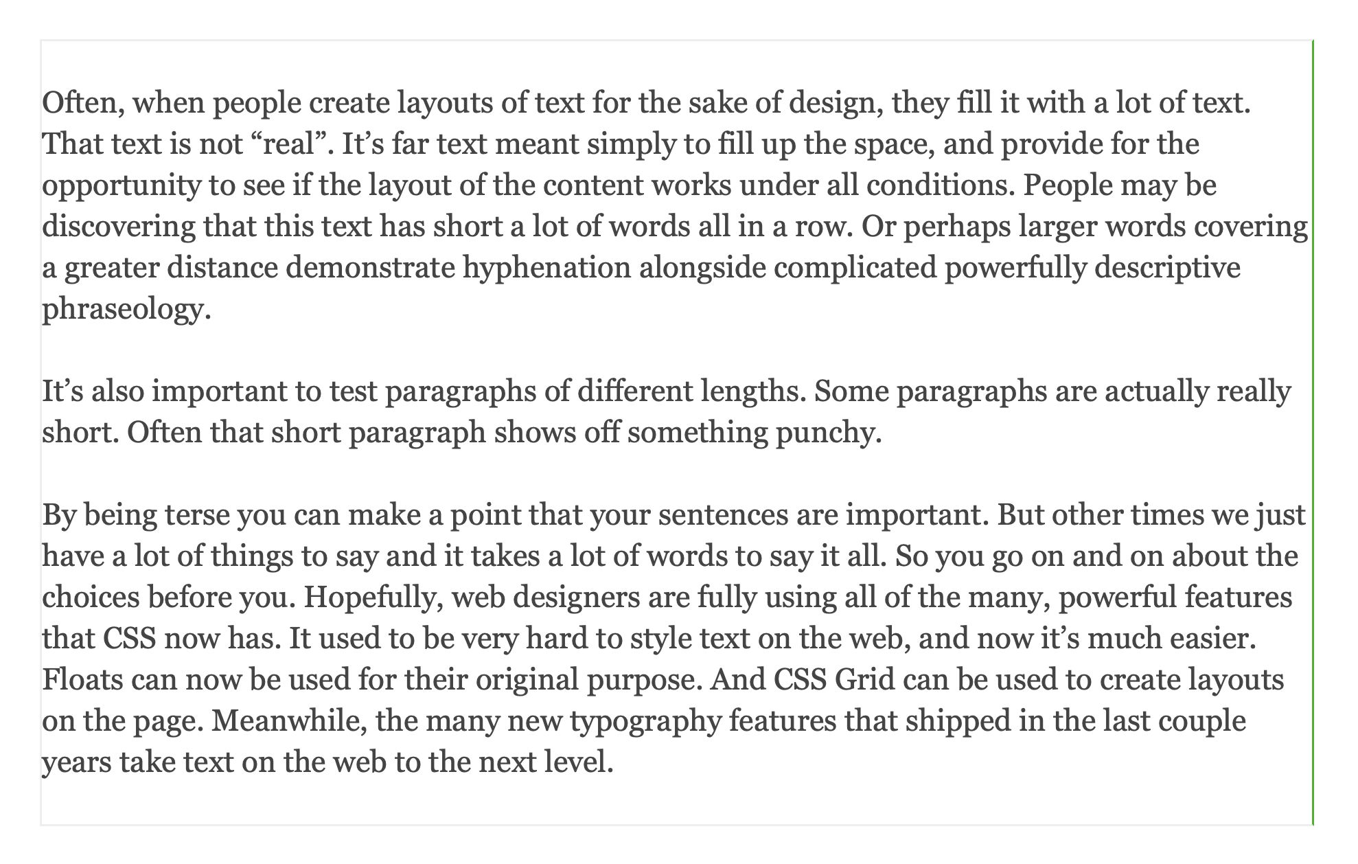 Three paragraphs of text, with a green vertical line marking the inline end edge of the text box.