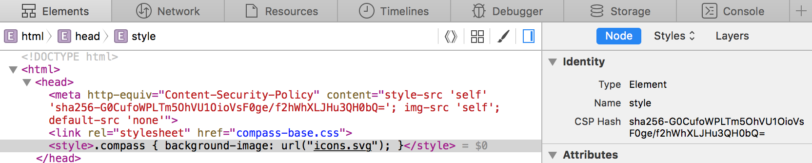 Using Web Inspector to display the CSP hash for the selected HTML style element. The CSP hash of the inline stylesheet in the example page is sha256-G0CufoWPLTm5OhVU1OioVsF0ge/f2hWhXLJHu3QH0bQ=.
