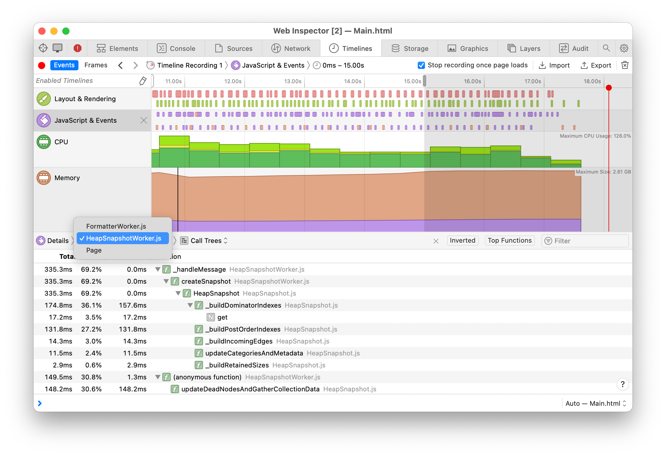Screenshot of Web Inspector Timelines tab, with all kinds of information about JavaScript events across time. 